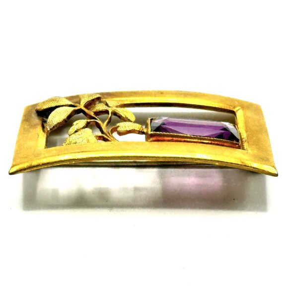 Transitional Art Deco Brass Brooch by George L Paine with Purple Glass Cabochon - Picture 3 of 9